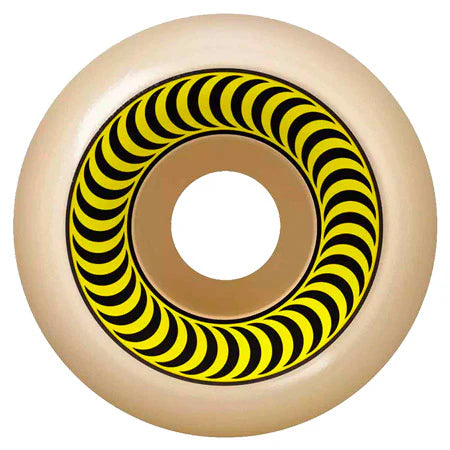 Skateboard wheel with beige rim and black and yellow striped hub on a white background