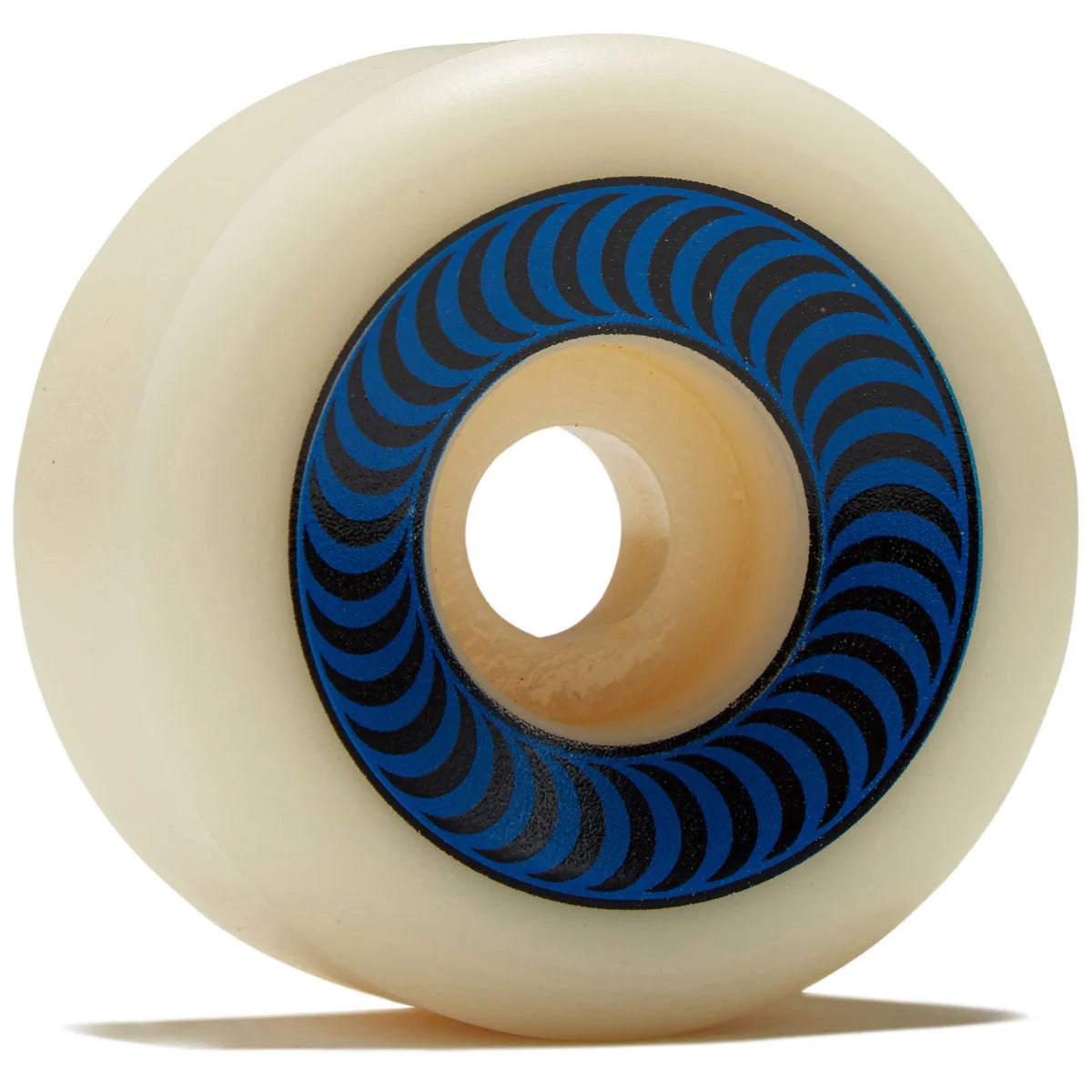 Skateboard wheel with blue and black pattern on a white background