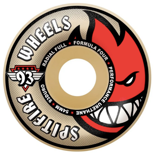 A single Spitfire Wheels skateboard wheel shown in a clean. The wheel features the Spitfire logo, and technical specifications printed on the inner ring.