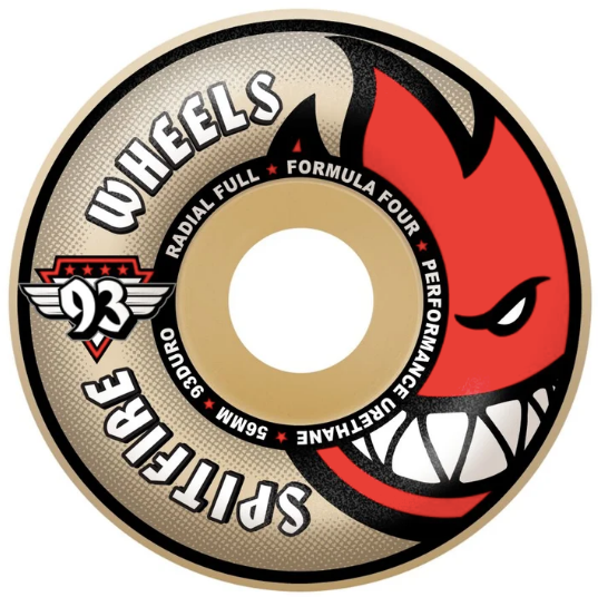 A single skateboard wheel with a red spitfire logo one one side