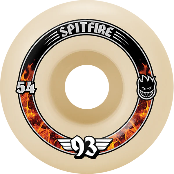 Spitfire skateboard wheel with flames and logo on a beige background