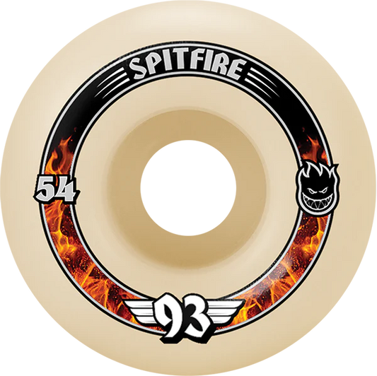 Spitfire skateboard wheel with flames and logo on a beige background