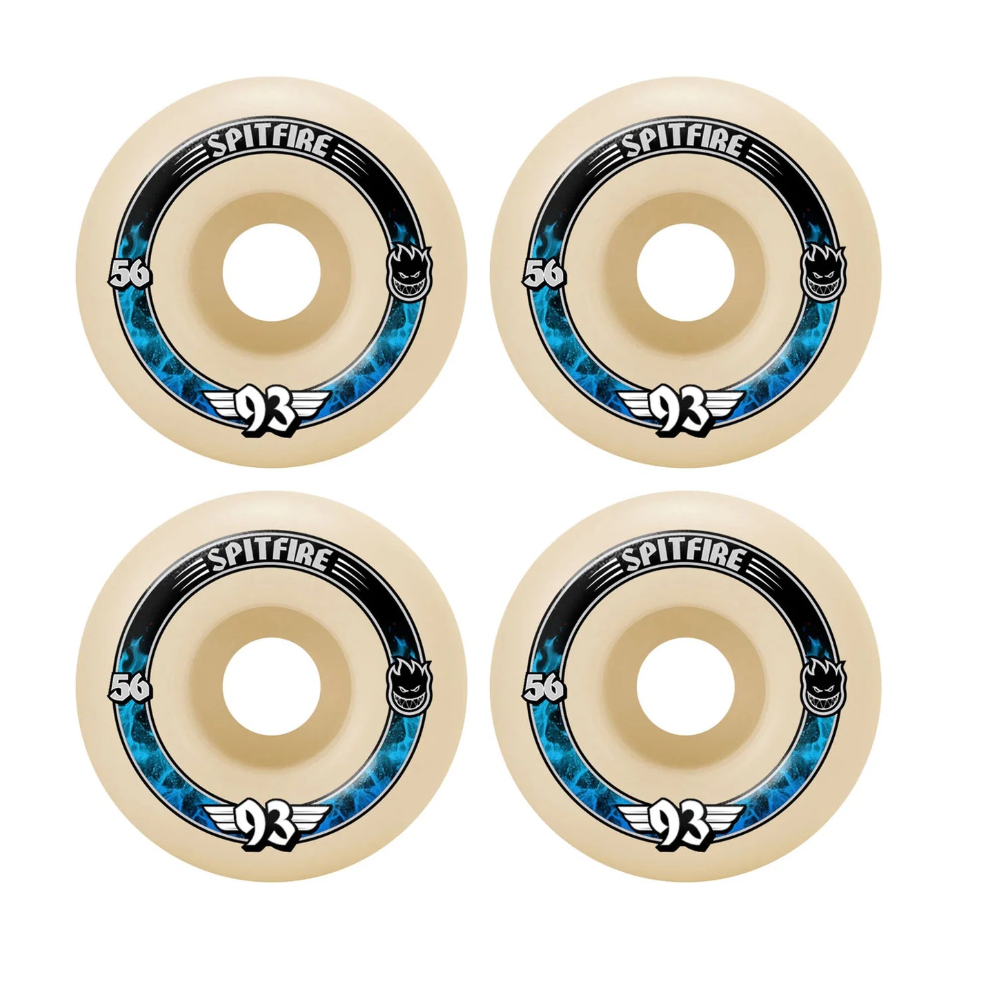 Four beige Spitfire skateboard wheels with blue and black accents on a white background