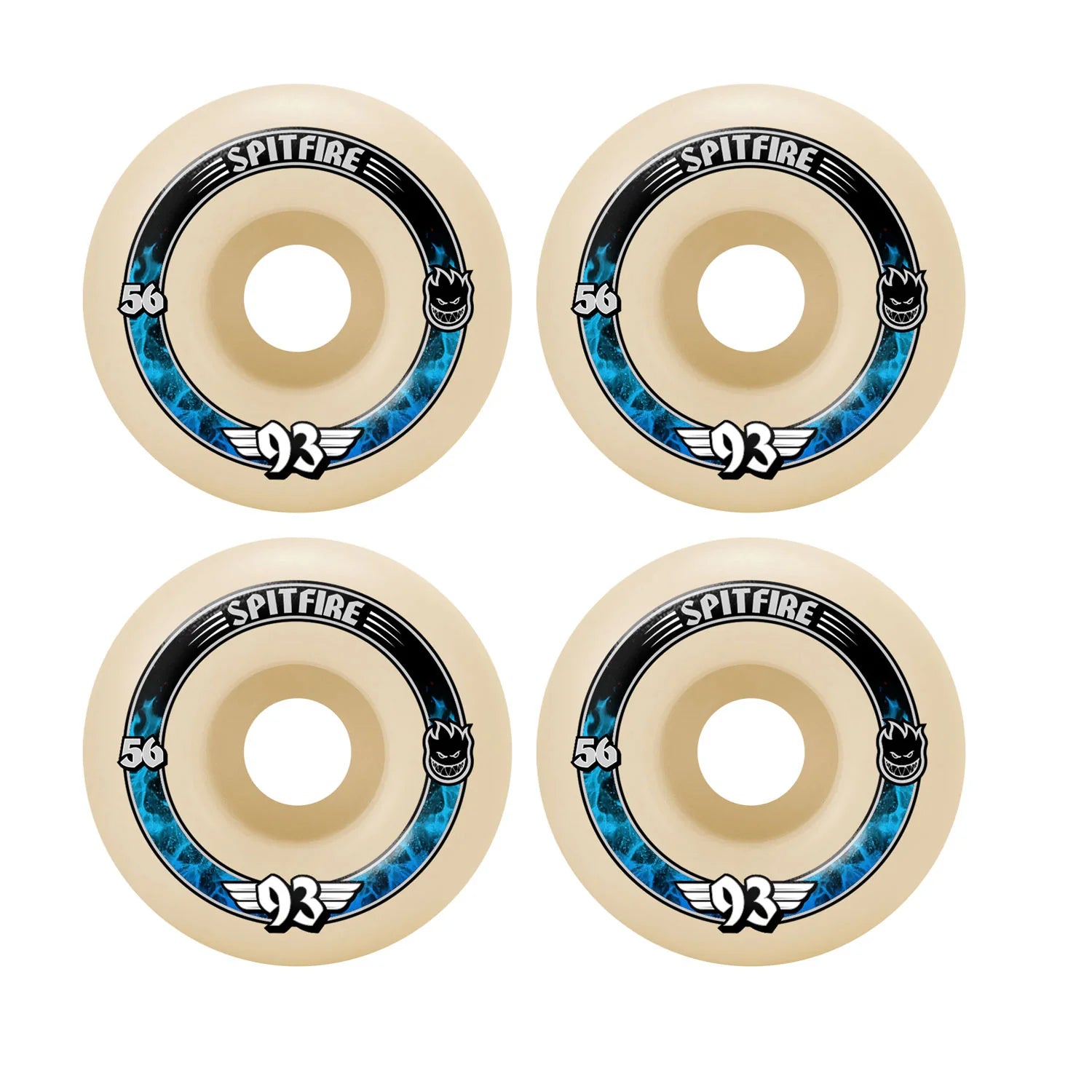 Four beige Spitfire skateboard wheels with blue and black accents on a white background