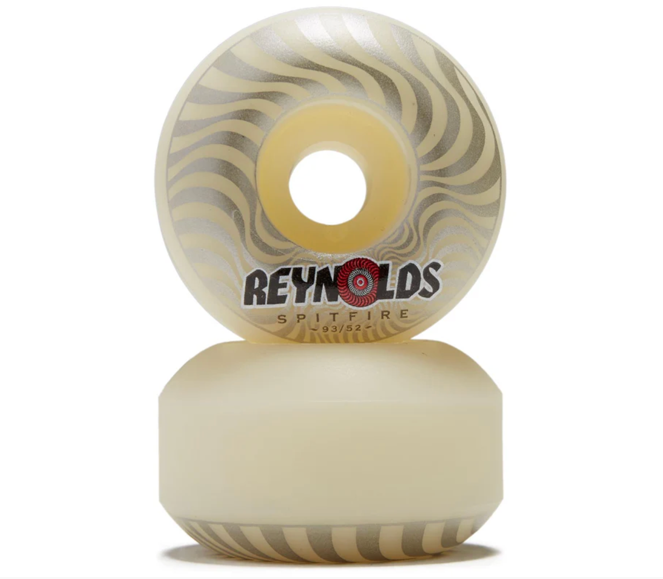 Two Reynolds Spitfire skateboard wheels stacked on a white background