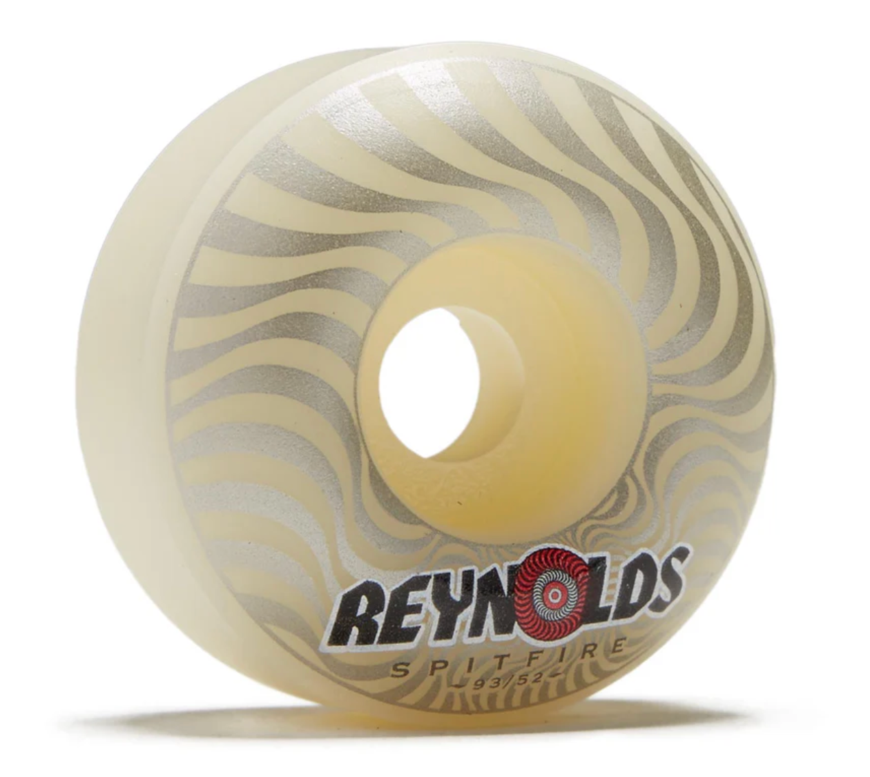 Skateboard wheel with Reynolds and Spitfire logos on a white background