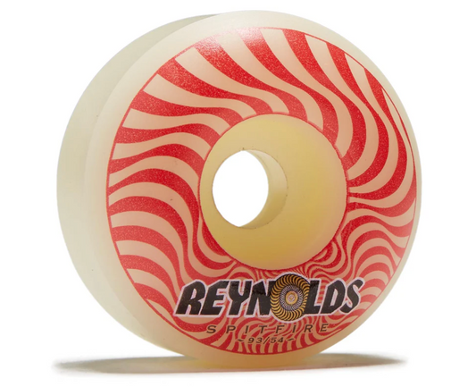 Skateboard wheel with red and white pattern and Reynolds Spitfire branding on a white background