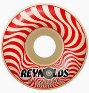 Red and white striped wheel with 'Reynolds' branding on a white background