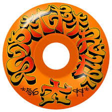 An orange skateboard wheel with bold graffiti-style lettering in yellow, orange, and black
