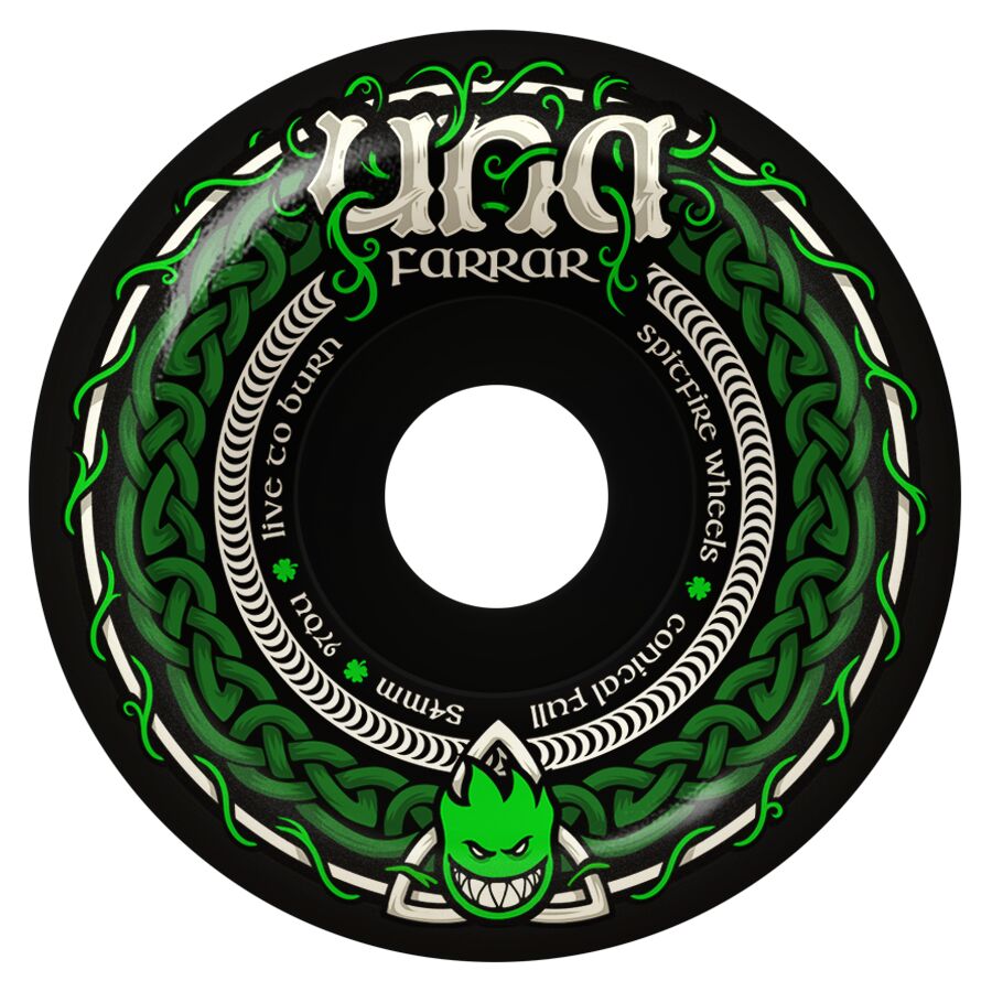 A single skateboard wheel with a black base, featuring a green and white Celtic knot design
