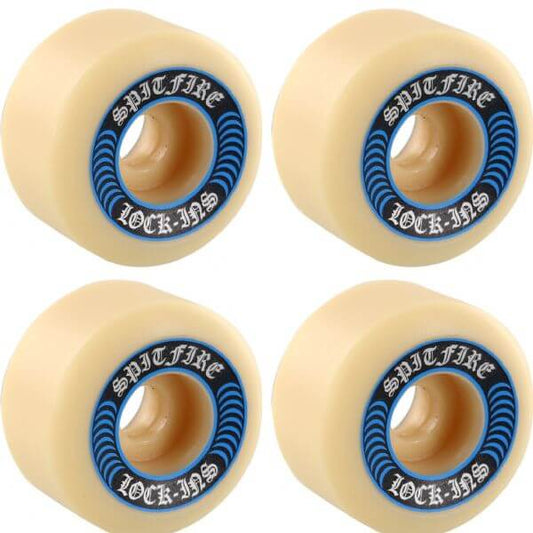 Four beige Spitfire Lock-Ins skateboard wheels on a white background