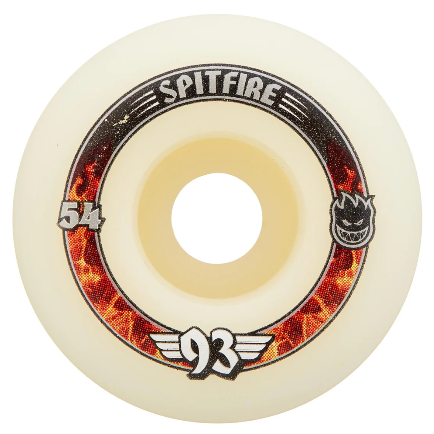 A single Spitfire skateboard wheel in a cream/off-white urethane with a black, red, and orange flame graphic and the Spitfire logo.