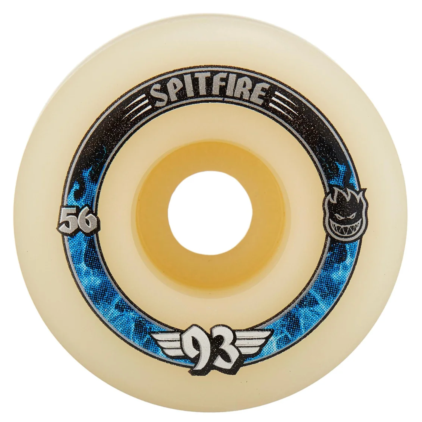 A single Spitfire skateboard wheel in cream-colored urethane with a black and blue graphic ring, featuring the Spitfire logo, '56', and '93' on a white background.