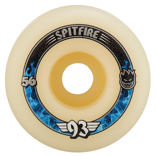 A single Spitfire skateboard wheel in cream-colored urethane with a black and blue graphic ring, featuring the Spitfire logo, '56', and '93' on a white background.