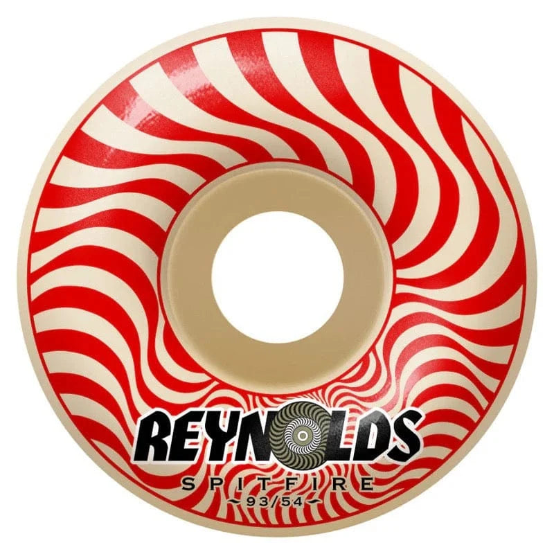 Skateboard wheel with red and white striped pattern and Reynolds Spitfire branding on a white background