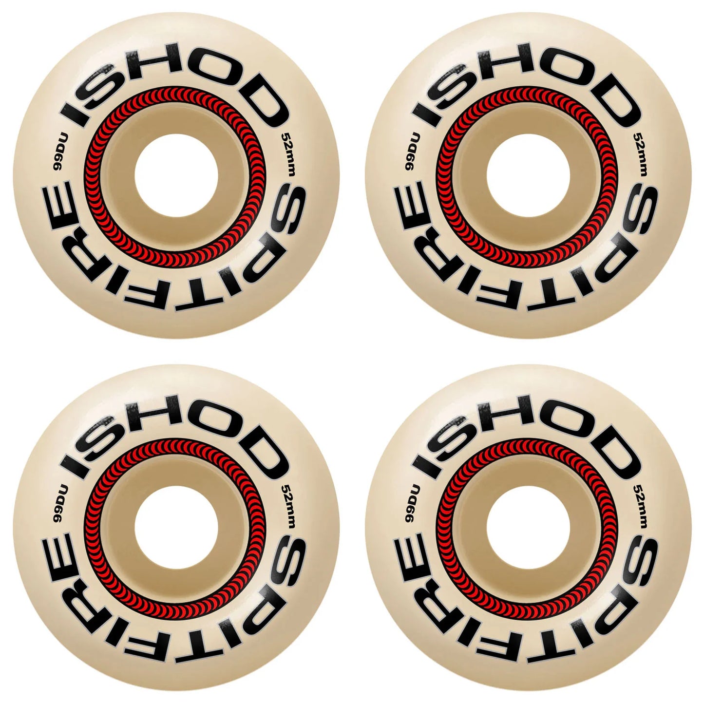 Four ISHOD Spitfire skateboard wheels on a white background