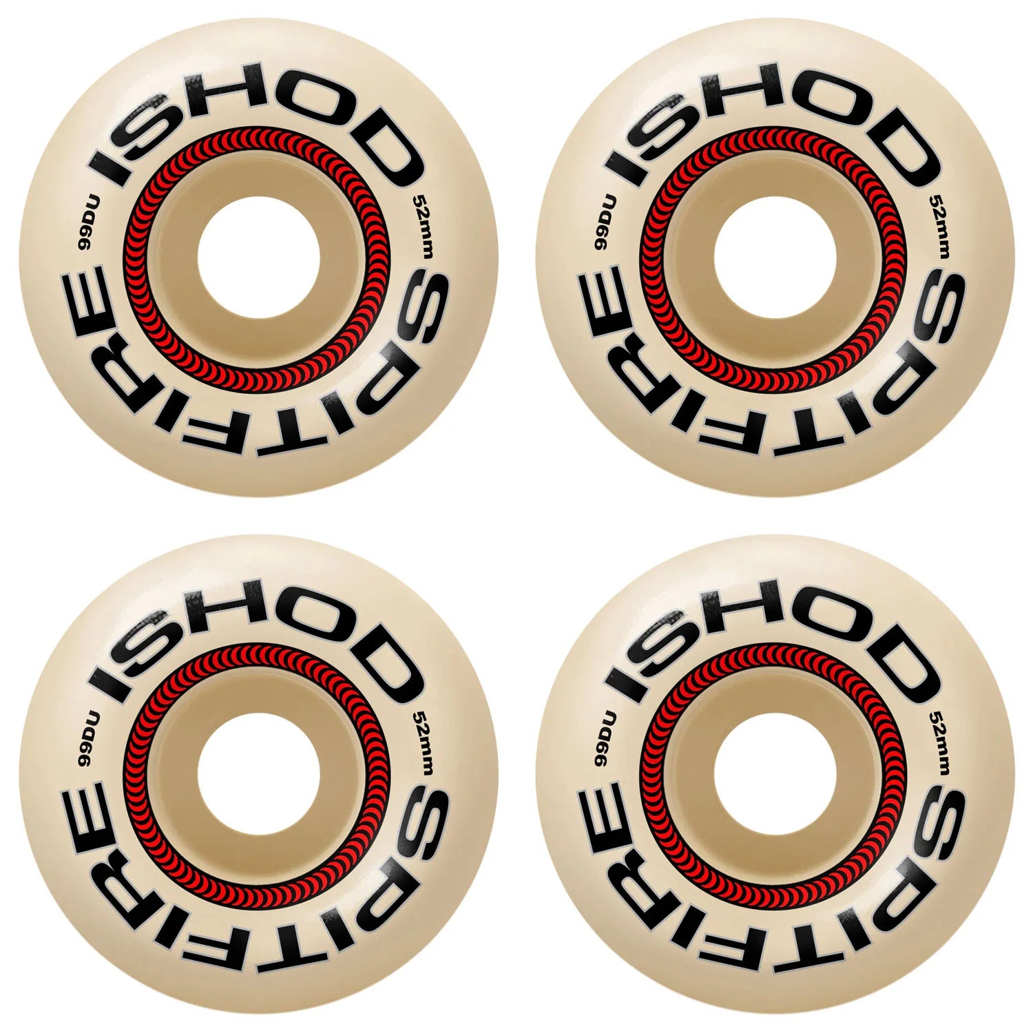 Four ISHOD Spitfire skateboard wheels on a white background