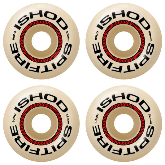 Four ISHOD Spitfire skateboard wheels on a white background