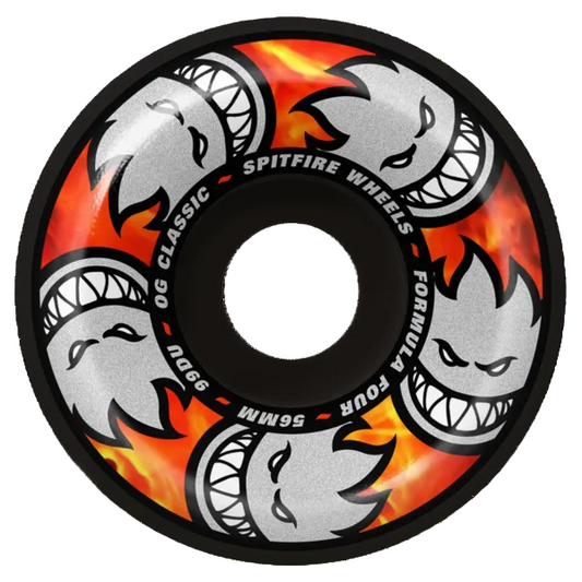 Spitfire Wheels skateboard wheel with flames and shark design on a white background