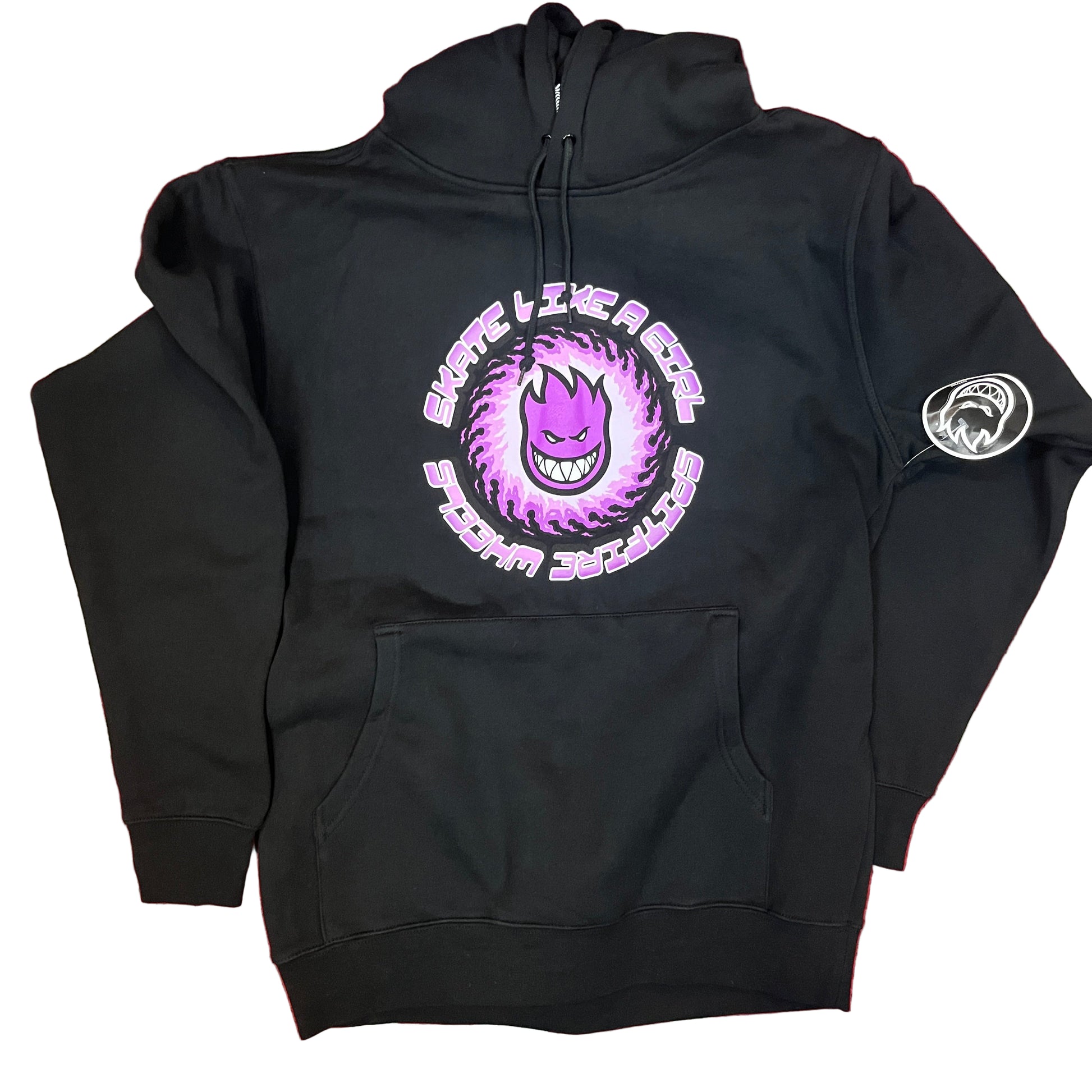 Black hoodie with a purple and white logo on a red and beige checkered background