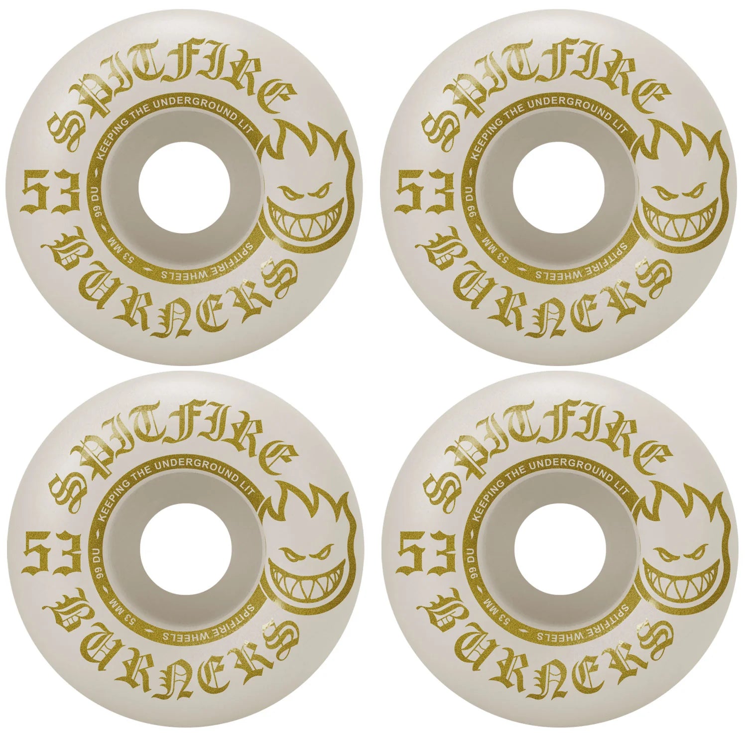 Four Spitfire skateboard wheels with gold and black text on a white background