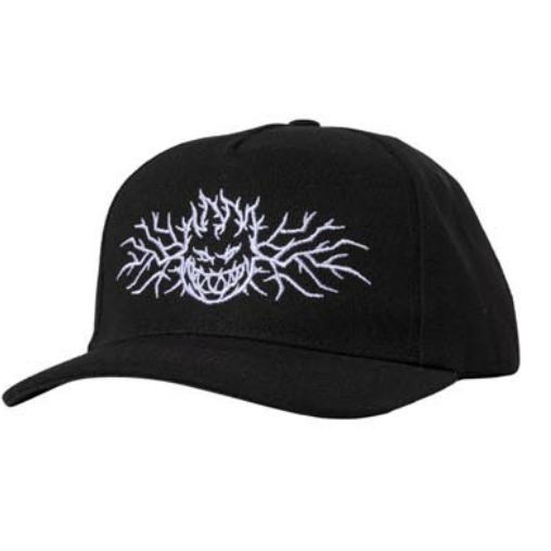 Black cap with white embroidered design on a white background
