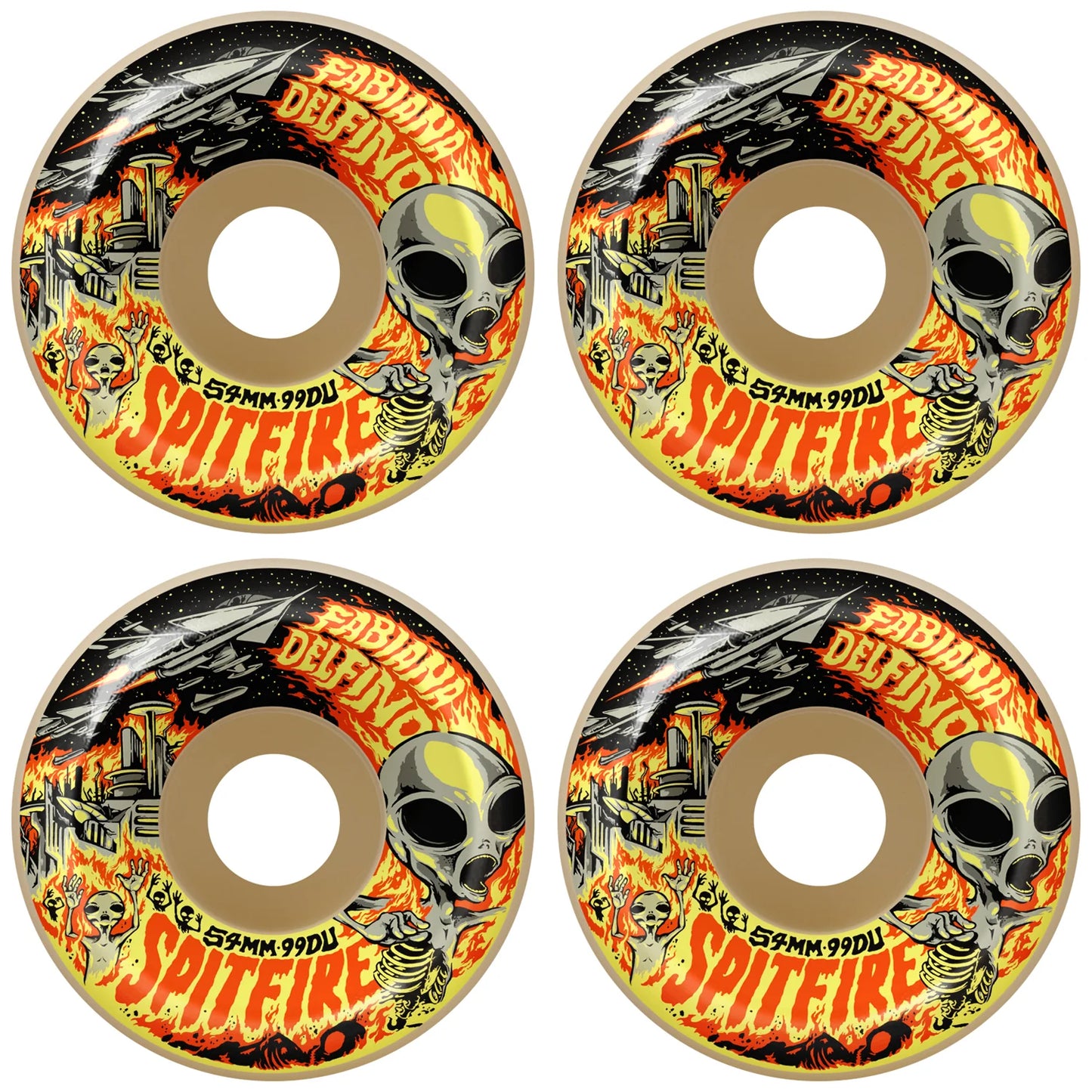 Four Spitfire skateboard wheels with colorful design on a white background