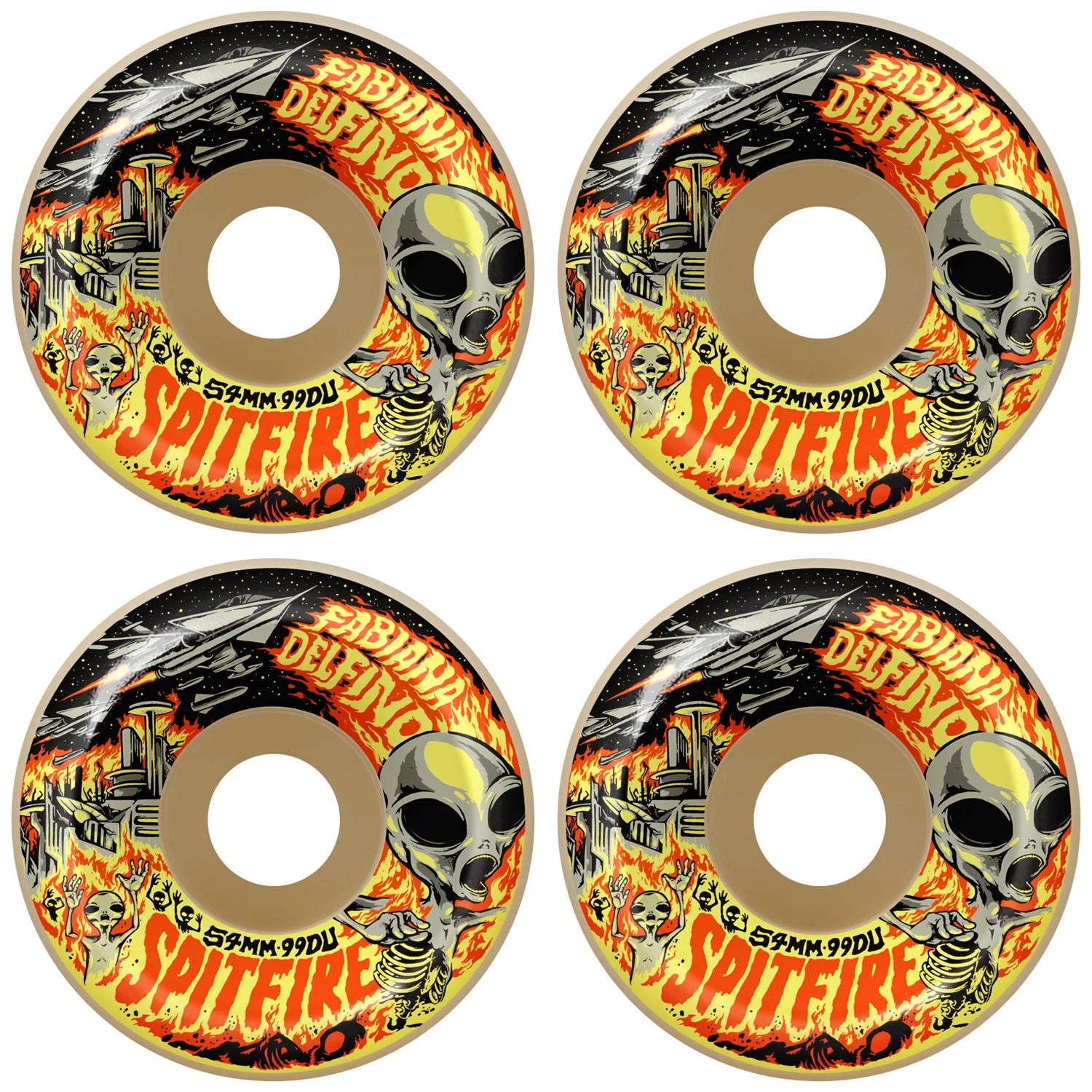 Four Spitfire skateboard wheels with colorful design on a white background