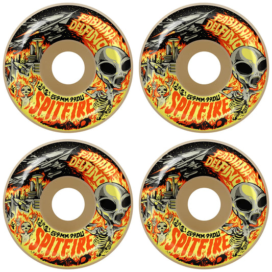 Four Spitfire skateboard wheels with colorful design on a white background