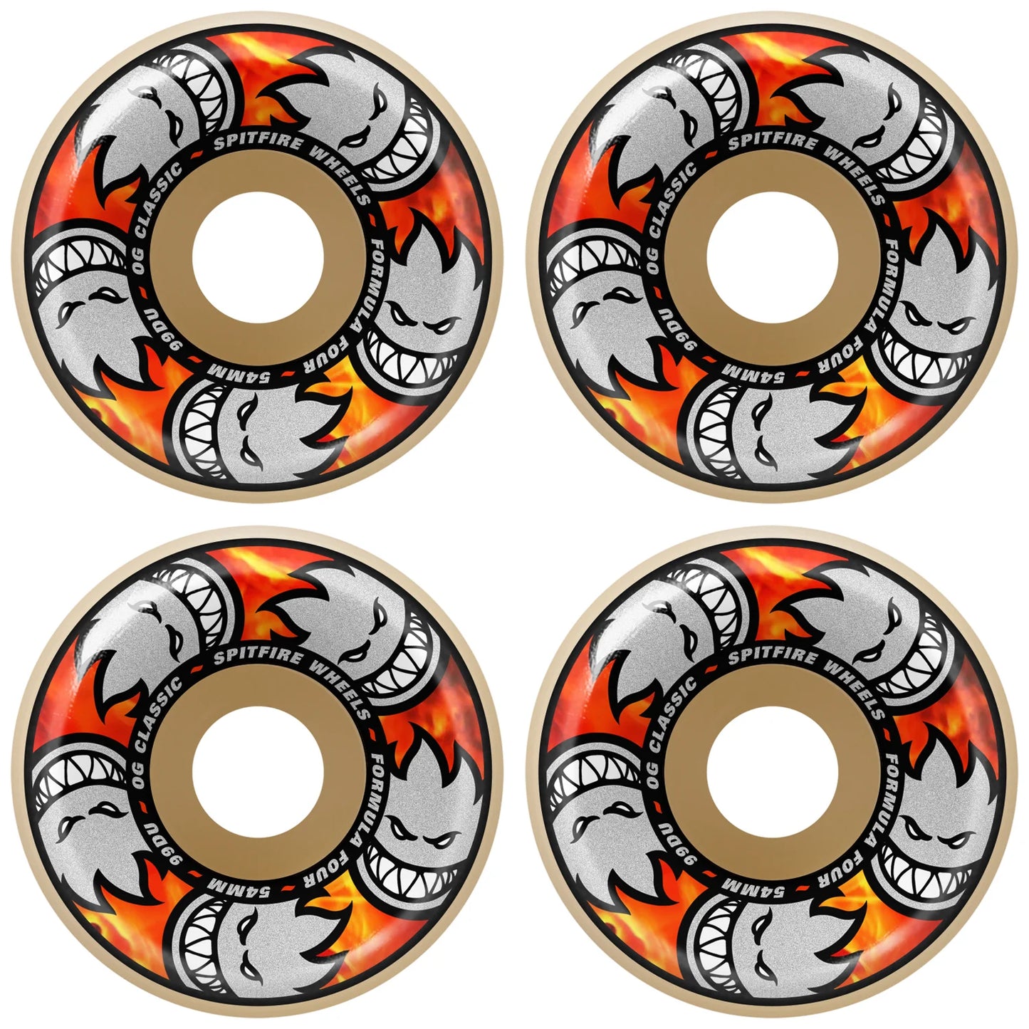 Four Spitfire skateboard wheels with a distinctive logo on a white background