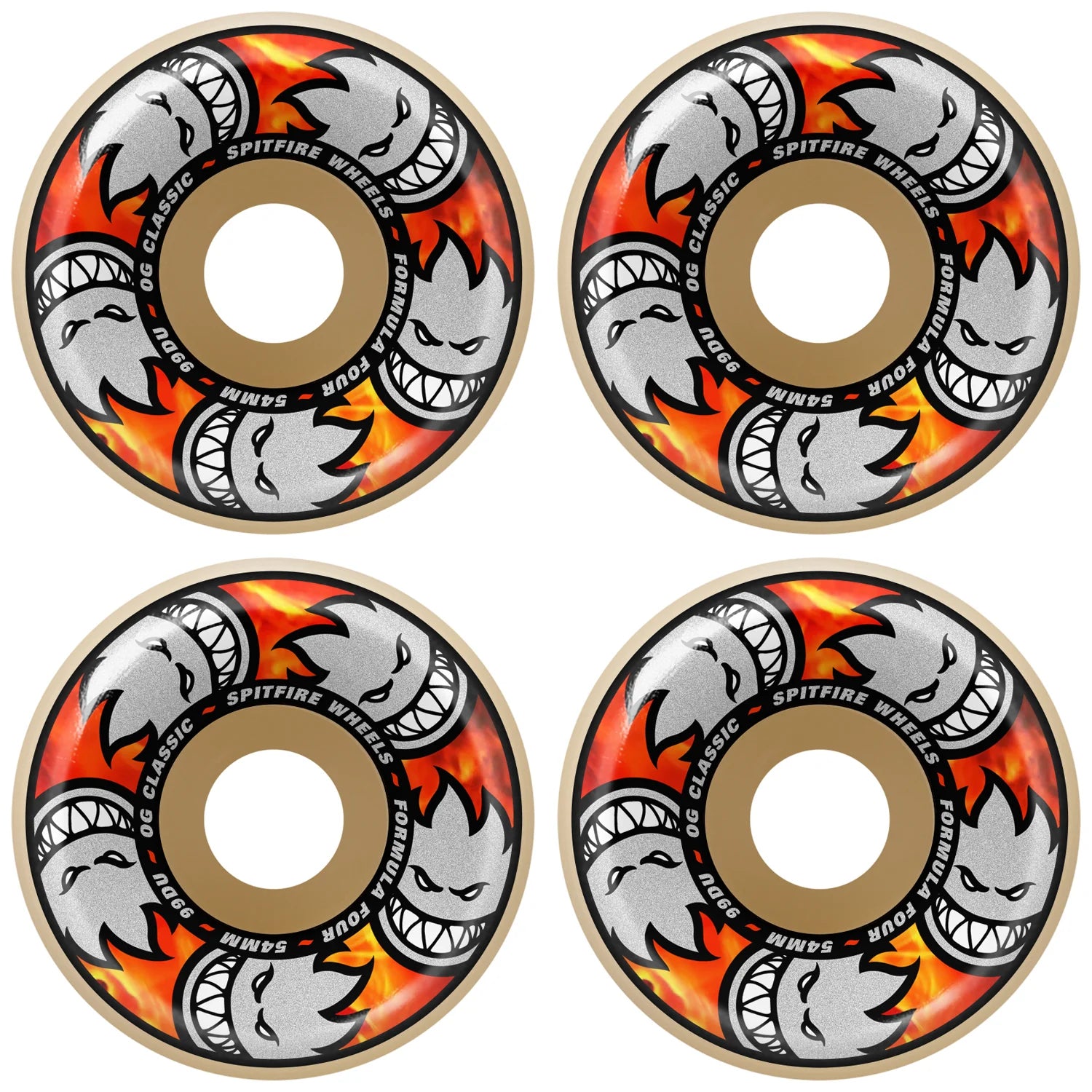 Four Spitfire skateboard wheels with a distinctive logo on a white background