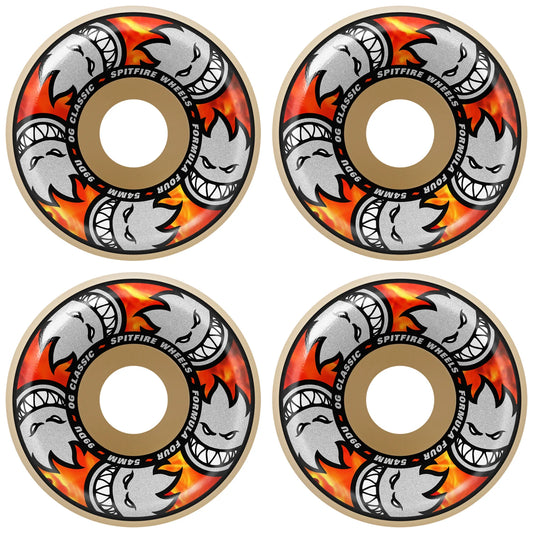 Four Spitfire skateboard wheels with a distinctive logo on a white background