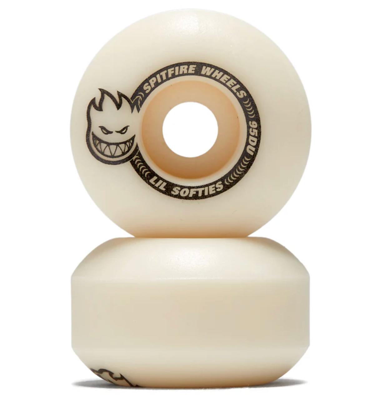 Two cream-colored skateboard wheels with a black logo on a white background