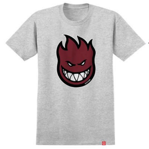 Gray t-shirt with a red and black graphic on a white background
