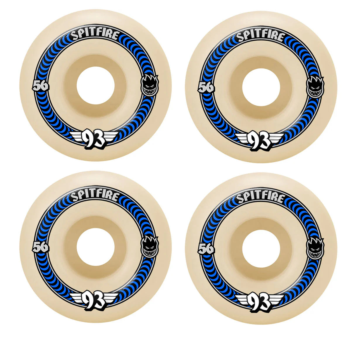 Four Spitfire skateboard wheels with blue and black design on a white background
