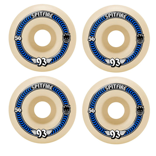 Four Spitfire skateboard wheels with blue and black design on a white background
