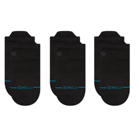 Three pairs of black ankle socks with a brand logo on a white background