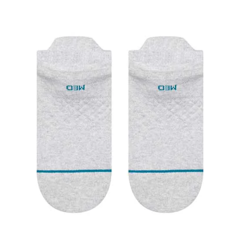 Pair of gray socks with blue accents and 'MEO' branding on a white background