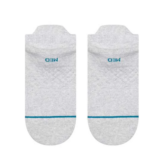 Pair of gray socks with blue accents and 'MEO' branding on a white background