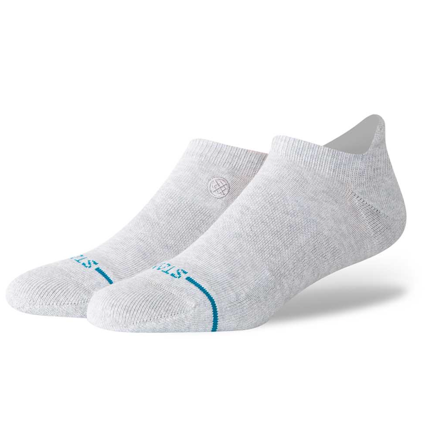 Pair of gray ankle socks with a brand logo on a white background