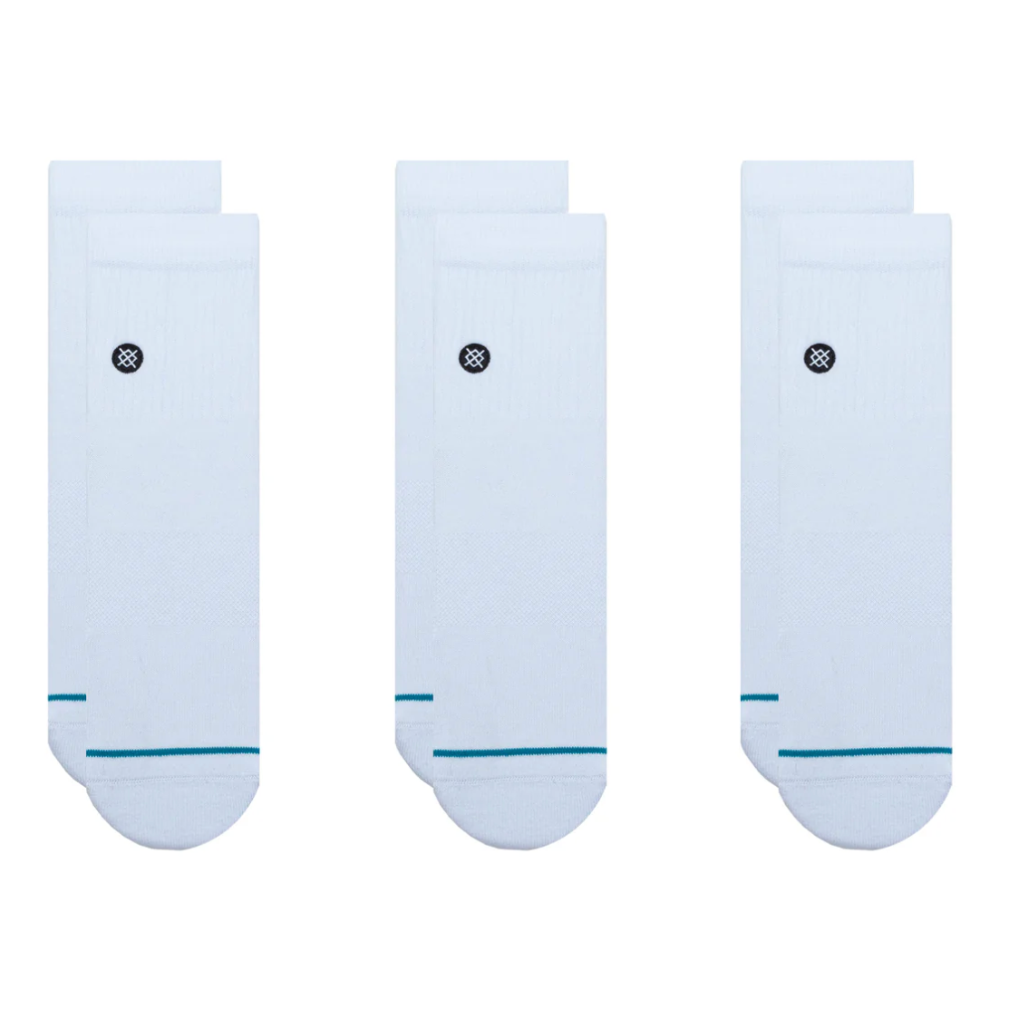 Three pairs of light blue socks with a small logo on a white background