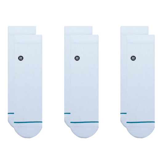 Three pairs of light blue socks with a small logo on a white background