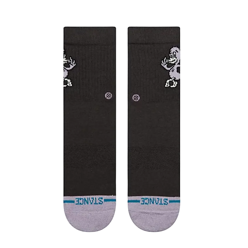 Pair of black socks with white designs and gray toes and heels on a white background