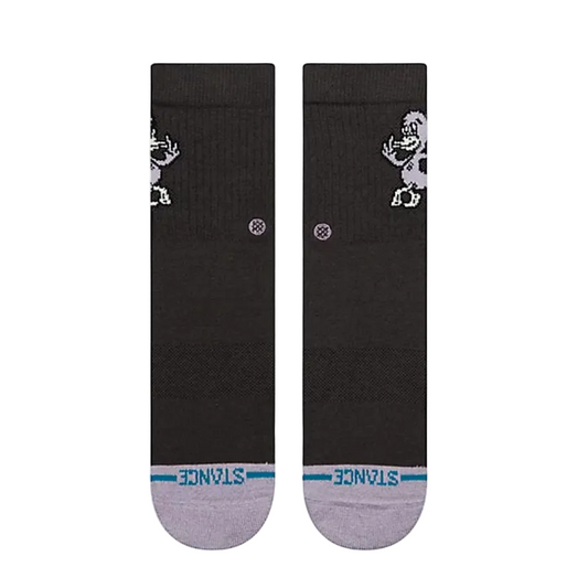 Pair of black socks with white designs and gray toes and heels on a white background