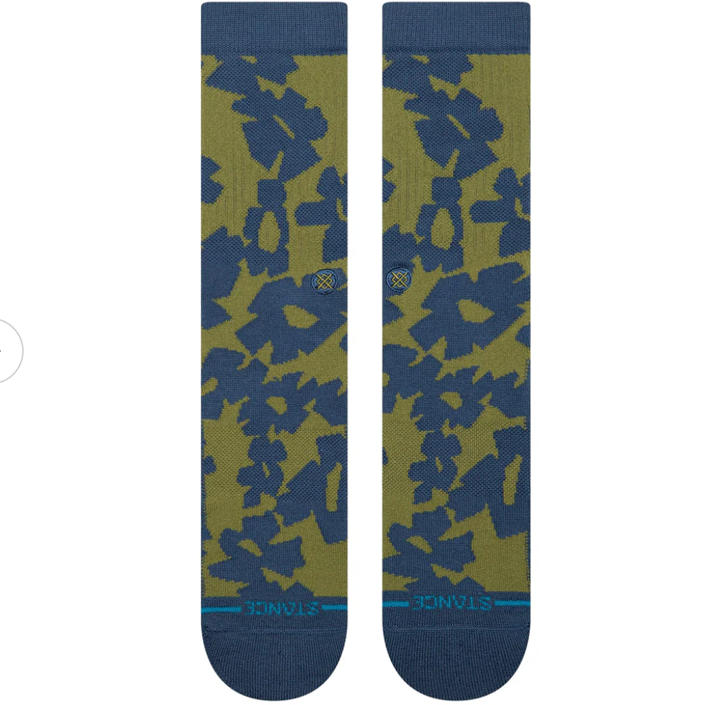 Pair of socks with blue and green floral pattern on a white background