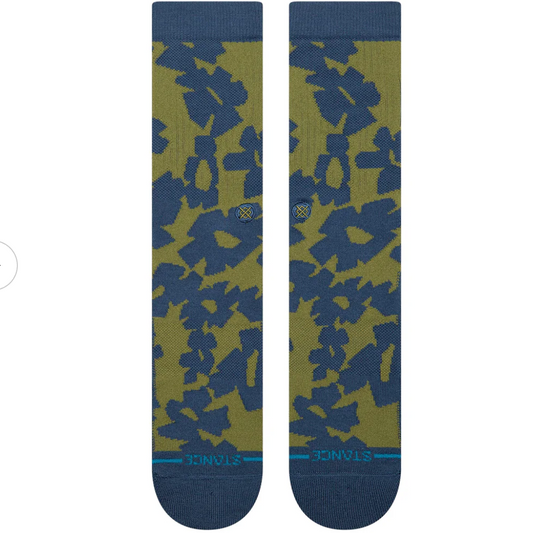 Pair of socks with blue and green floral pattern on a white background