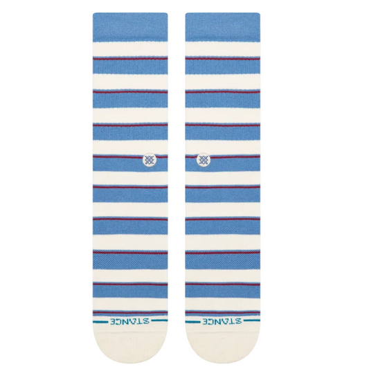 Pair of blue and white striped socks with a brand logo on a white background