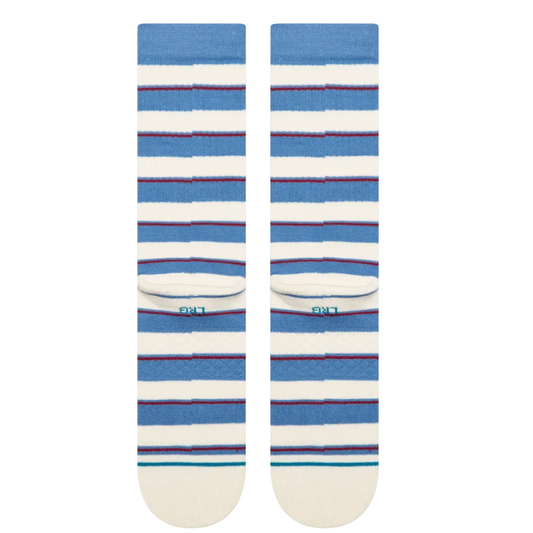 Pair of blue and white striped socks on a white background