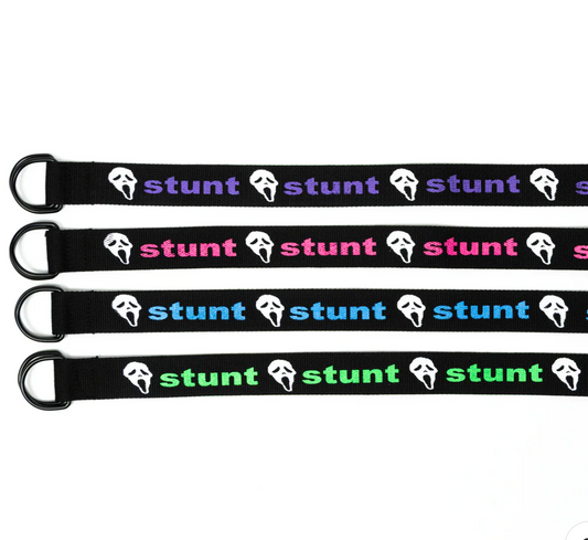 Four black straps with 'stunt' and a ghost logo on a white background