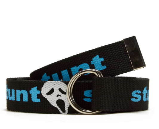 Black belt with blue text and a silver ring on a white background